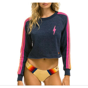 Aviator Nation Bolt Cropped Heather Navy Sweatshirt Neon Stripes Size L